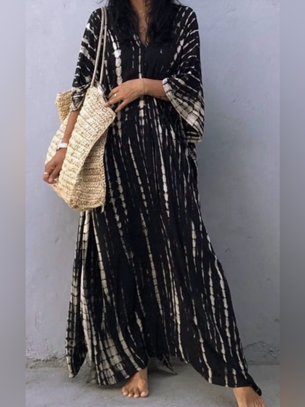 Black & White Tie-Dye Maxi Dress - Relaxed Women's Caftan